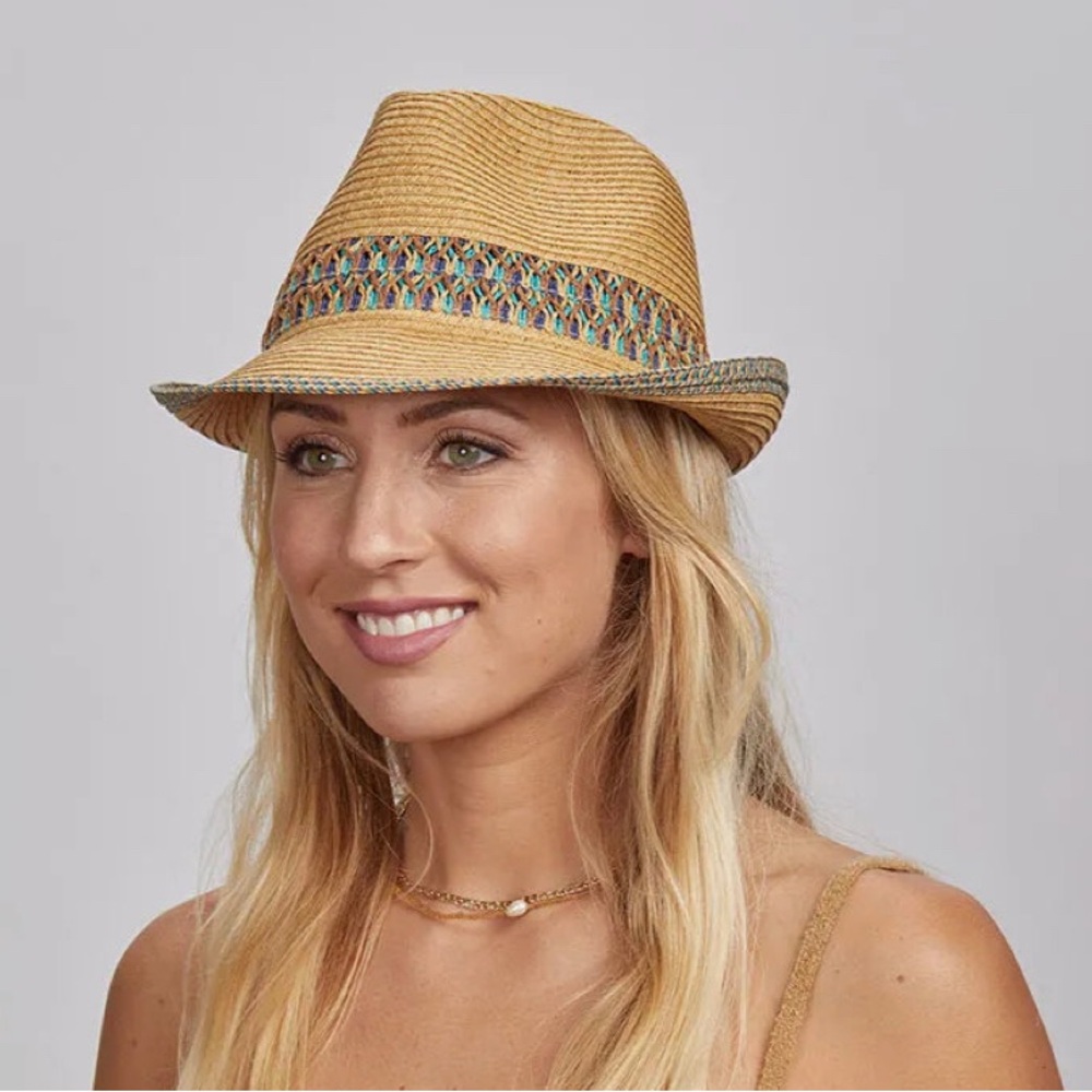 Straw fedora natural woven braided teal & blue band golf beach vacation travel